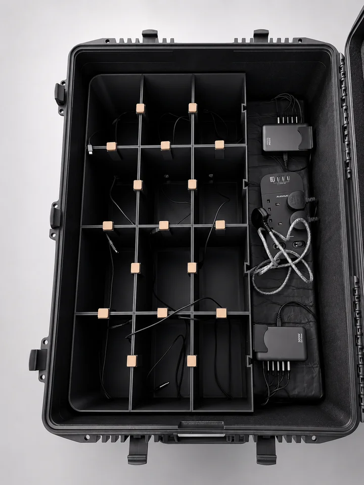 The case with headsets removed, showing USB cables and the separate charging area.